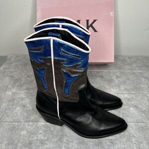 PMK Shoes Troy Mid Calf Leather Western Boots Blue Black Women Sz 9